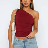 Kaizo One Shoulder Ruched Burgundy Crop Top