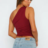 Kaizo One Shoulder Ruched Burgundy Crop Top