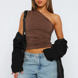 Kaizo One Shoulder Ruched Burgundy Crop Top