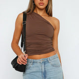 Kaizo One Shoulder Ruched Burgundy Crop Top