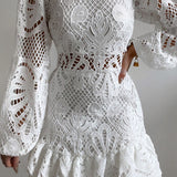 Elegant Lace Ruffle Mini Dress with Long Puff Sleeves