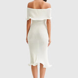 Otylia – the-Shoulder Midi Dress with Ruffle Trim and Textured Knit in White and Black