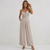 Women's High Waisted Spaghetti Strap Jumpsuit - Draped & Pleated