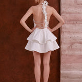 Amysaint - Marcella Halter Ruffled Mini Dress In White