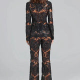 Lace Co-Ord Set with Sheer Blazer and Flared Trousers