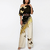 Women's One Shoulder Belted Jumpsuit - Draped Printed Design