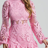 Elegant Lace Ruffle Mini Dress with Long Puff Sleeves