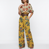 Women's One Shoulder Belted Jumpsuit - Draped Printed Design