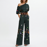 Women's One Shoulder Belted Jumpsuit - Draped Printed Design