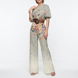 Women's One Shoulder Belted Jumpsuit - Draped Printed Design