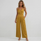 Women's High Waisted Spaghetti Strap Jumpsuit - Draped & Pleated