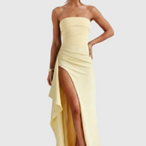 Daria – strapless Ruched Maxi Dress with Thigh-High Split in Crepe