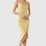 Maja – yellow Cowl Neck Wrap Midi Dress with Split Hemline and Strappy Detail
