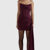Cyntia – satin Finish Mini Dress Double-Layered Wine Red Party Dress