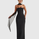 Noa – strapless Maxi Dress with Removable Mesh Scarf
