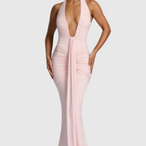 Alma – ruched Bodycon Halter Neck Plunge Maxi Dress