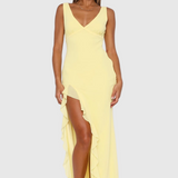 Lia – neck Maxi Dress with Thigh-High Slit in Yellow and Pink