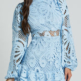 Elegant Lace Ruffle Mini Dress with Long Puff Sleeves