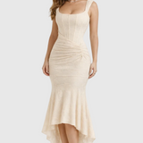 Maya – bias Cut Satin Midi Dress in Neutral Tones