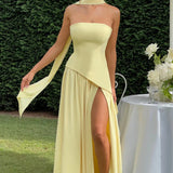 Strapless High Slit Maxi Dress with Asymmetric Hem
