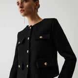 Chic Gold-Button Cropped Jacket with Pocket Detail