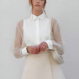 Kaizo Sheer Sleeve Button-Up Shirt with Structured Mini Skirt