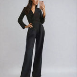 Elegant Long Sleeve Wide-Leg Jumpsuit with V-Neckline