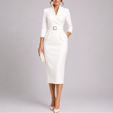 Elegant Fitted Midi Dress with Belt for Women