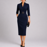 Elegant Fitted Midi Dress with Belt for Women