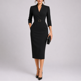 Elegant Fitted Midi Dress with Belt for Women