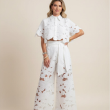 Women’s Floral Two Piece Set – Embroidered Wide Leg Outfit