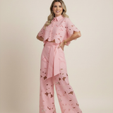 Kaizo Women’s Floral Two Piece Set – Embroidered Wide Leg Outfit