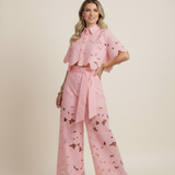 Women’s Floral Two Piece Set – Embroidered Wide Leg Outfit