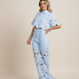 Kaizo Women’s Floral Two Piece Set – Embroidered Wide Leg Outfit