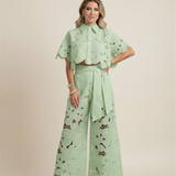 Kaizo Women’s Floral Two Piece Set – Embroidered Wide Leg Outfit