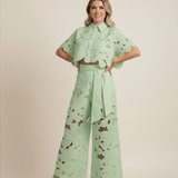 Kaizo Women’s Floral Two Piece Set – Embroidered Wide Leg Outfit