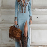 Embroidered Fringe Midi Dress with Deep V Neck