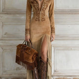 Embroidered Fringe Midi Dress with Deep V Neck