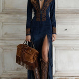 Embroidered Fringe Midi Dress with Deep V Neck