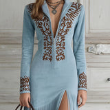 Embroidered Fringe Midi Dress with Deep V Neck