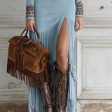 Embroidered Fringe Midi Dress with Deep V Neck