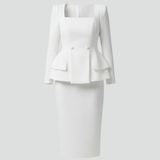 Kaizo Women's Square Neck Skirt Suit Set – Blazer and Midi Skirt Co-ord