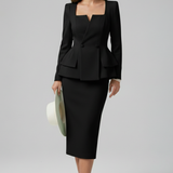Kaizo Women's Square Neck Skirt Suit Set – Blazer and Midi Skirt Co-ord