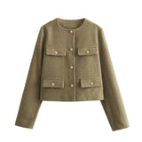 Chic Gold-Button Cropped Jacket with Pocket Detail