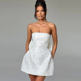 Strapless Jacquard Mini Dress – Flared A-Line Party Dress