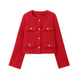 Chic Gold-Button Cropped Jacket with Pocket Detail