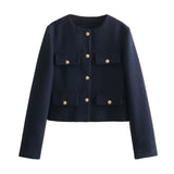 Chic Gold-Button Cropped Jacket with Pocket Detail