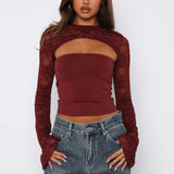 Elegant Lace Cut-Out Long Sleeve Top – Modern Fitted Blouse