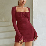 Sheer Mesh Ruched Mini Dress – Off Shoulder Bodycon Party Dress