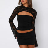 Elegant Lace Cut-Out Long Sleeve Top – Modern Fitted Blouse